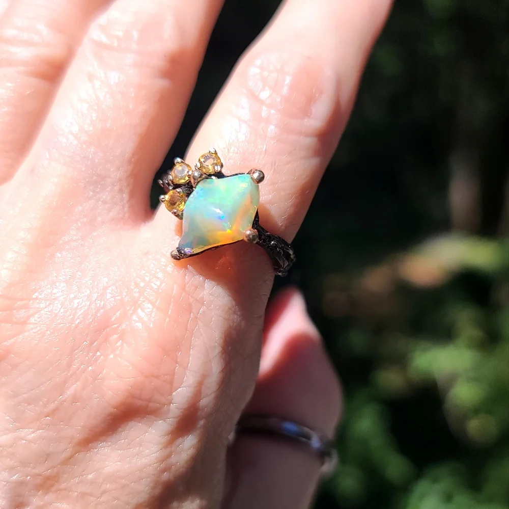 Raw Fire Opal & citrine Sterling & Rhodium ring sz 8.5 - Picture 6 of 8